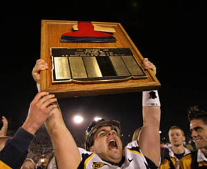 Up with the blue and gold, down with the red! Up with the blue and gold, down with the red!
