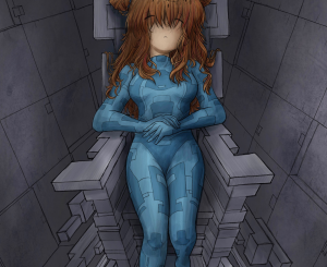 A woman seemingly asleep in a gray chair and a dark room. A woman seemingly asleep in a gray chair and a dark room.
