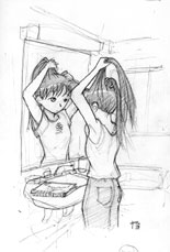 Yuki-chan working on her hair in the mirror...