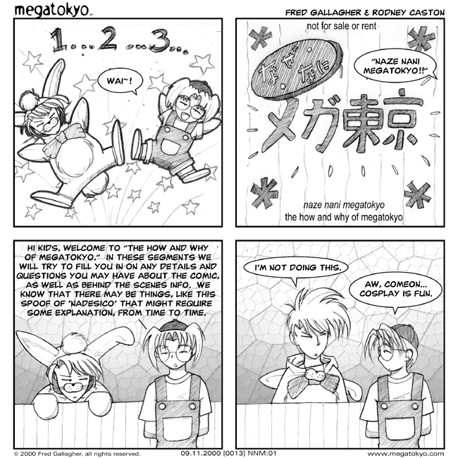Comic 13: "Cosplay Blues", Naze Nani Megatokyo, Number 1, September 11th, 2000 Strip 13