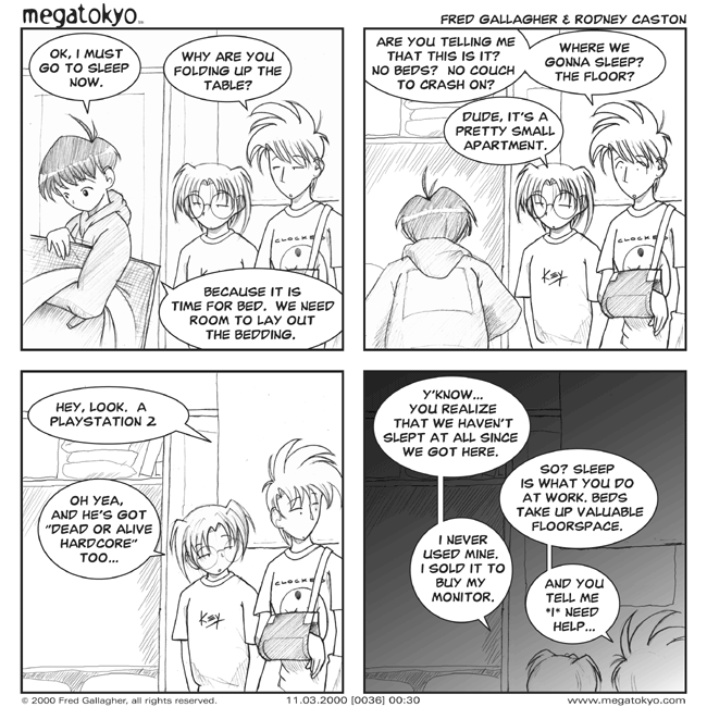 Comic 36: "Bedding Down", Chapter 0, Number 30, November 3rd, 2000 Strip 36