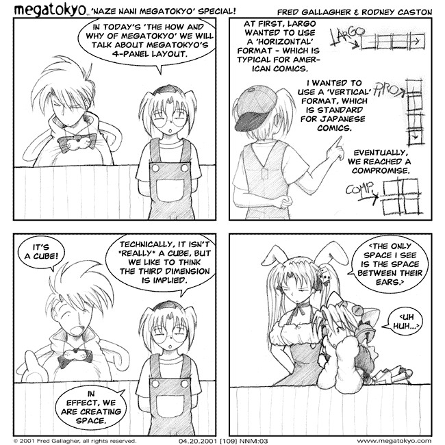 Comic 109: "Naze Nani: 4 panel format", Naze Nani Megatokyo, Number 3, April 20th, 2001 Strip 109