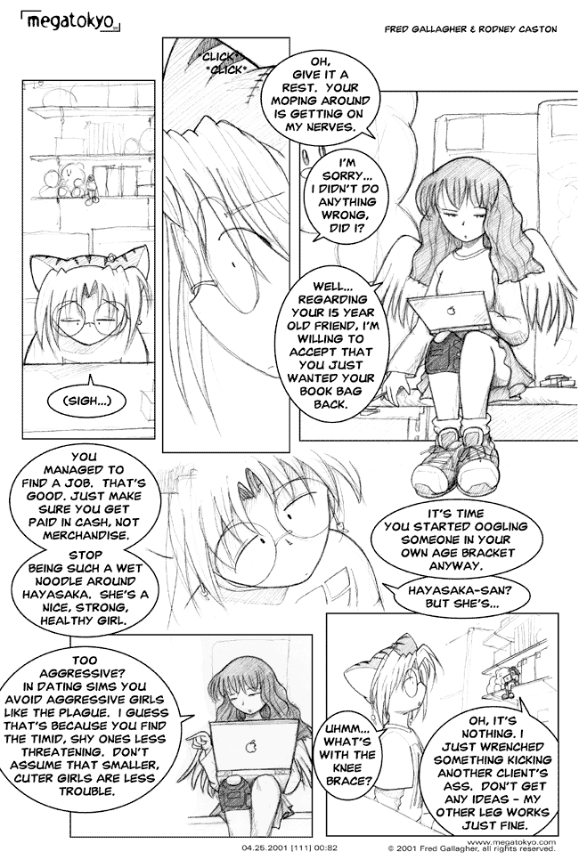 Comic 111: "what's with the knee brace?", Chapter 0, Number 82, April 25th, 2001 Strip 111