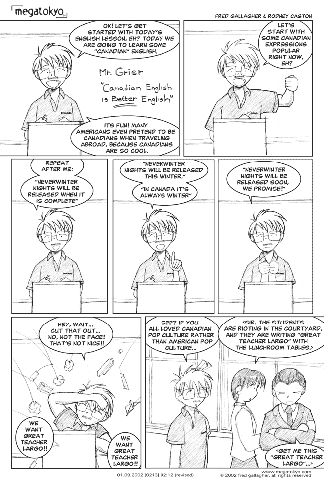 Comic 213: "Canadian English is Better English", Chapter 2, Number 12, January 9th, 2002 Strip 213