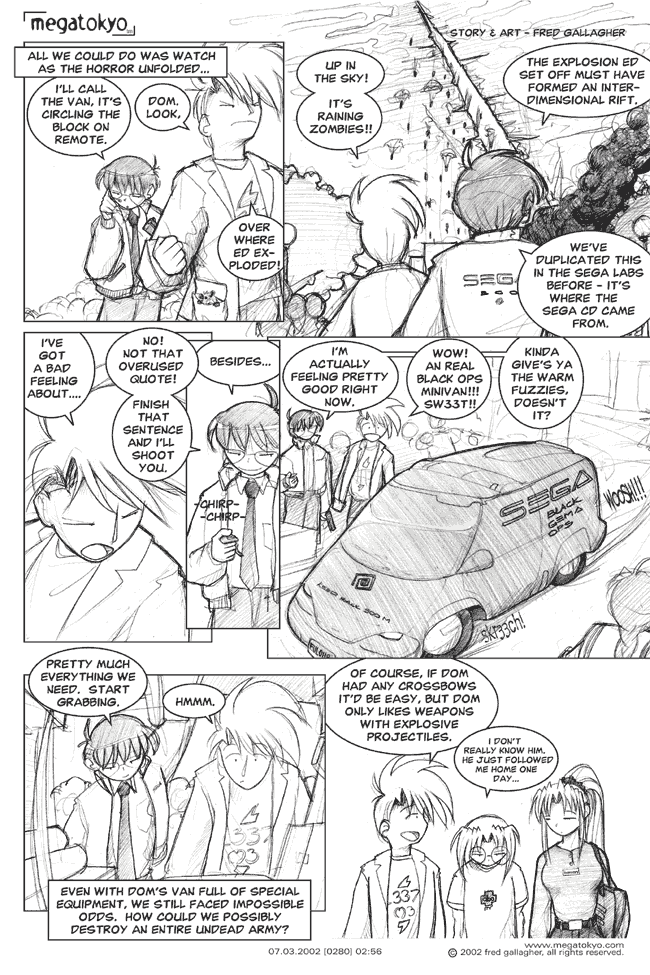 Comic 280: "it's raining zombies!!", Chapter 2, Number 56, July 3rd, 2002 Strip 280