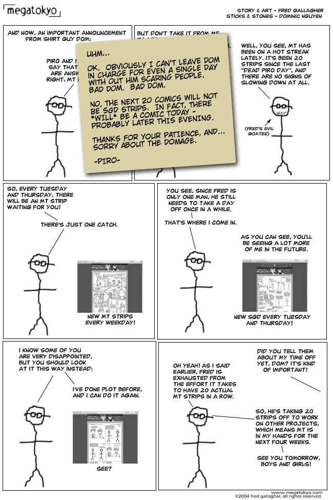 Comic 542: "SGD: A new schedule", Shirt Guy Dom, Number 30, April 1st, 2004 Strip 542