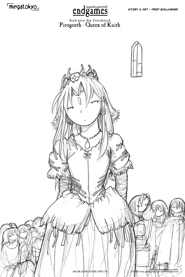 Comic 708: "DPD: Pirogoeth - Queen of Kuith", Dead Piro Day, Number 70, May 9th, 2005 Strip 708, Volume 4, Page 205